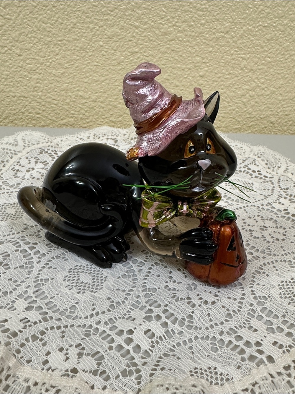 Black Cat Halloween Figurine with Pink Witch Hat